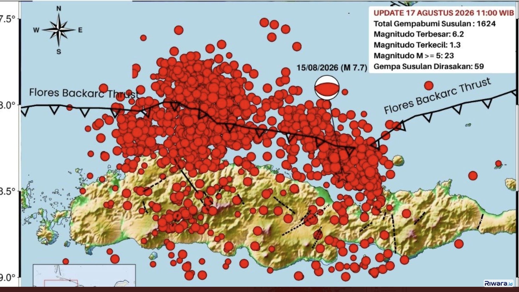Peta Gempa di Pulau Flores NTT yang dicatat BMKG